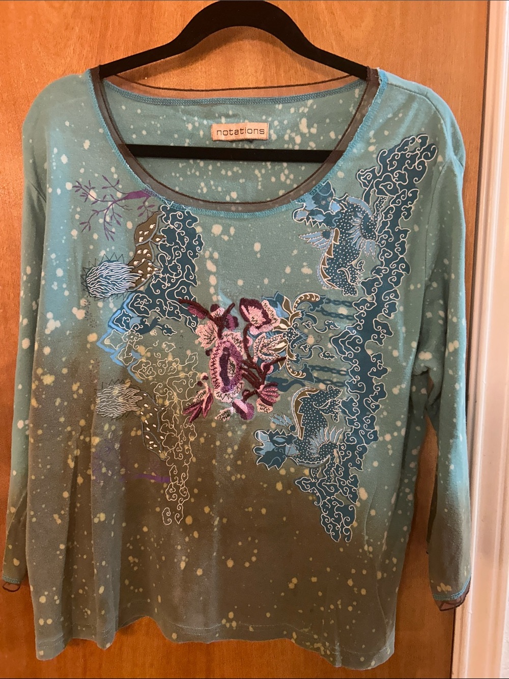 Notations Teal Embroidered Floral & Wave Long Sleeve Top. L. Great condition